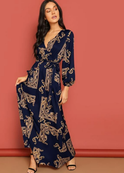 Shein Baroque Print Belted Wrap Maxi Dress Try on Haul | Ratwalk Fashion | Shein Fashion