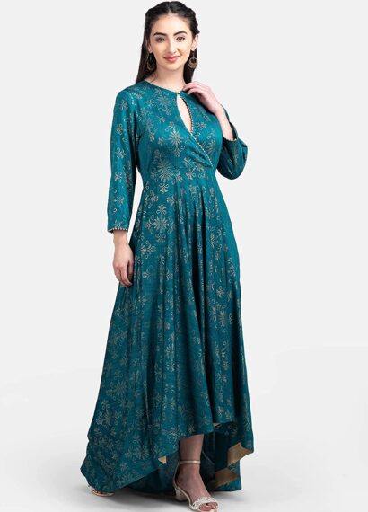 Amazon Rhysley Turquoise Blue Foil Printed Rayon High Low Indo-Western Dress Try on Haul | Ratwalk Fashion | Amazon Fashion